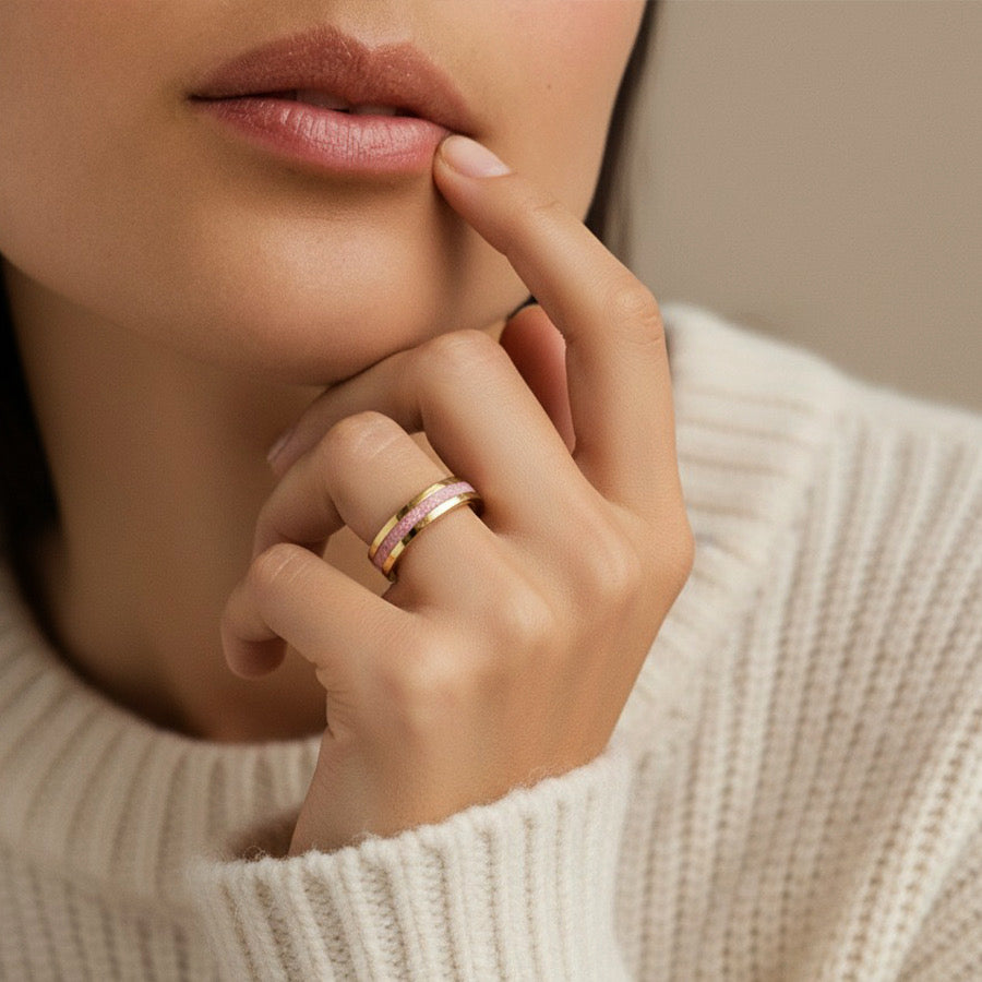 14K Gold Tungsten Duality Ring with Concrete + Diamond Dust Inlay - Green and Pink - 4MM