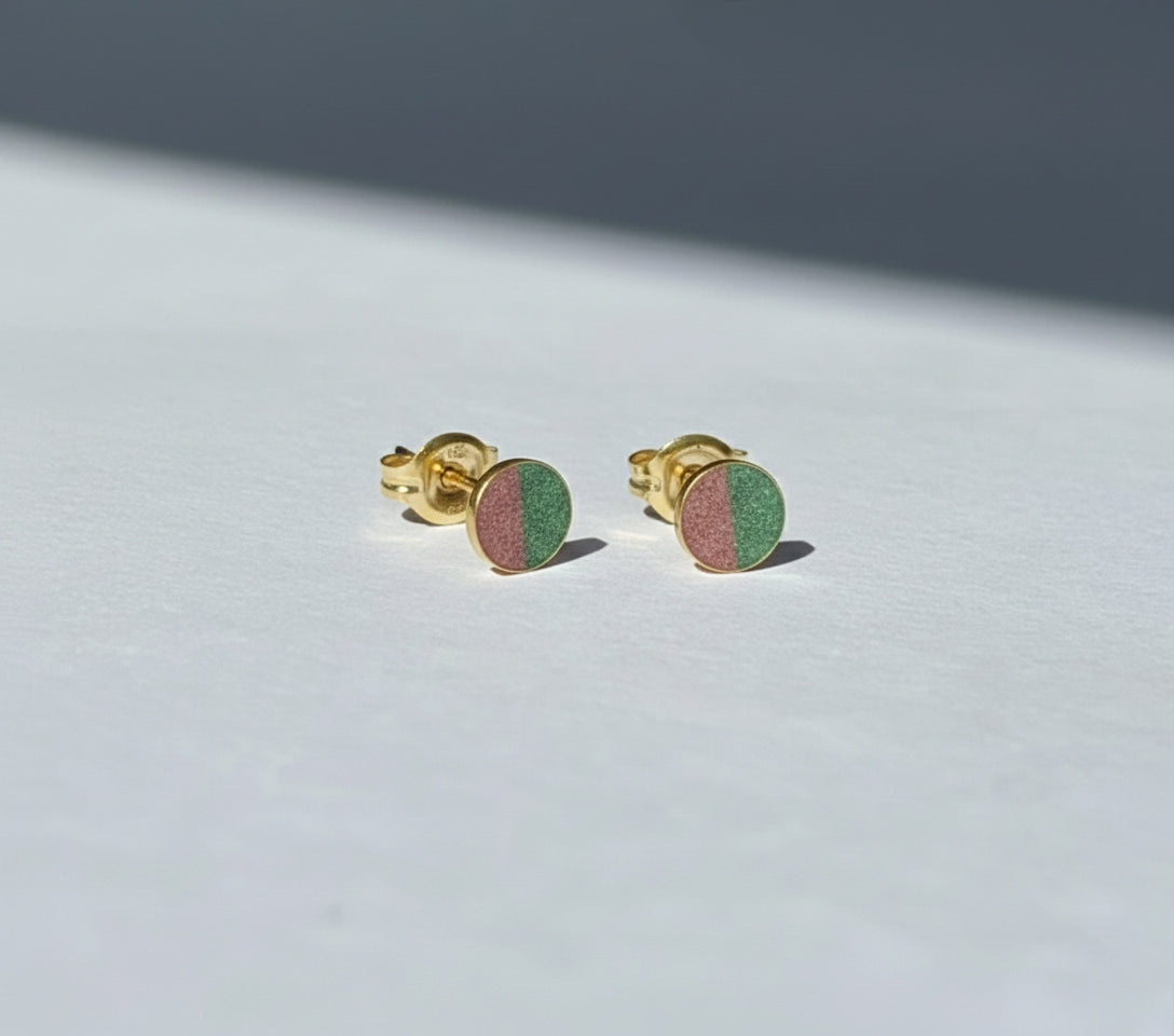 14K Gold Sterling Duality Stud Earrings with Concrete + Diamond Dust Inlay - Green and Pink - 4MM