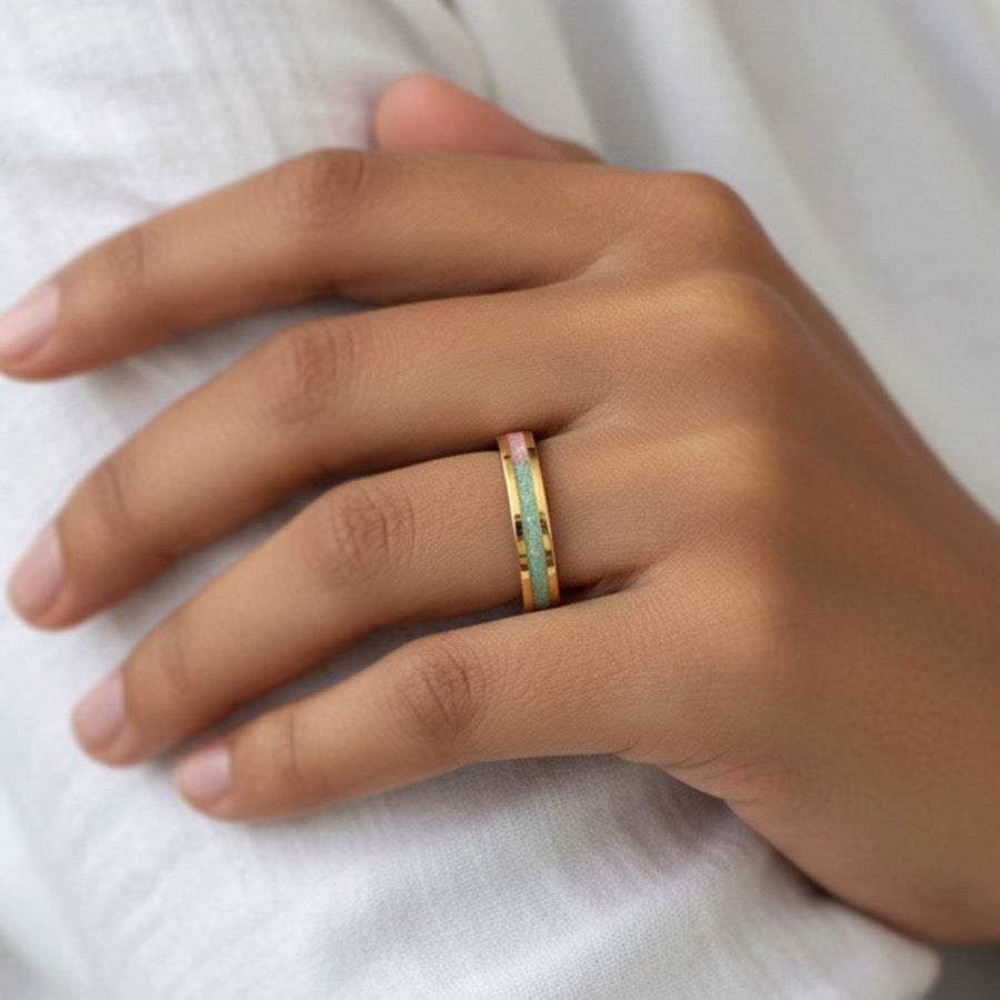 14K Gold Tungsten Duality Ring with Concrete + Diamond Dust Inlay - Green and Pink - 4MM