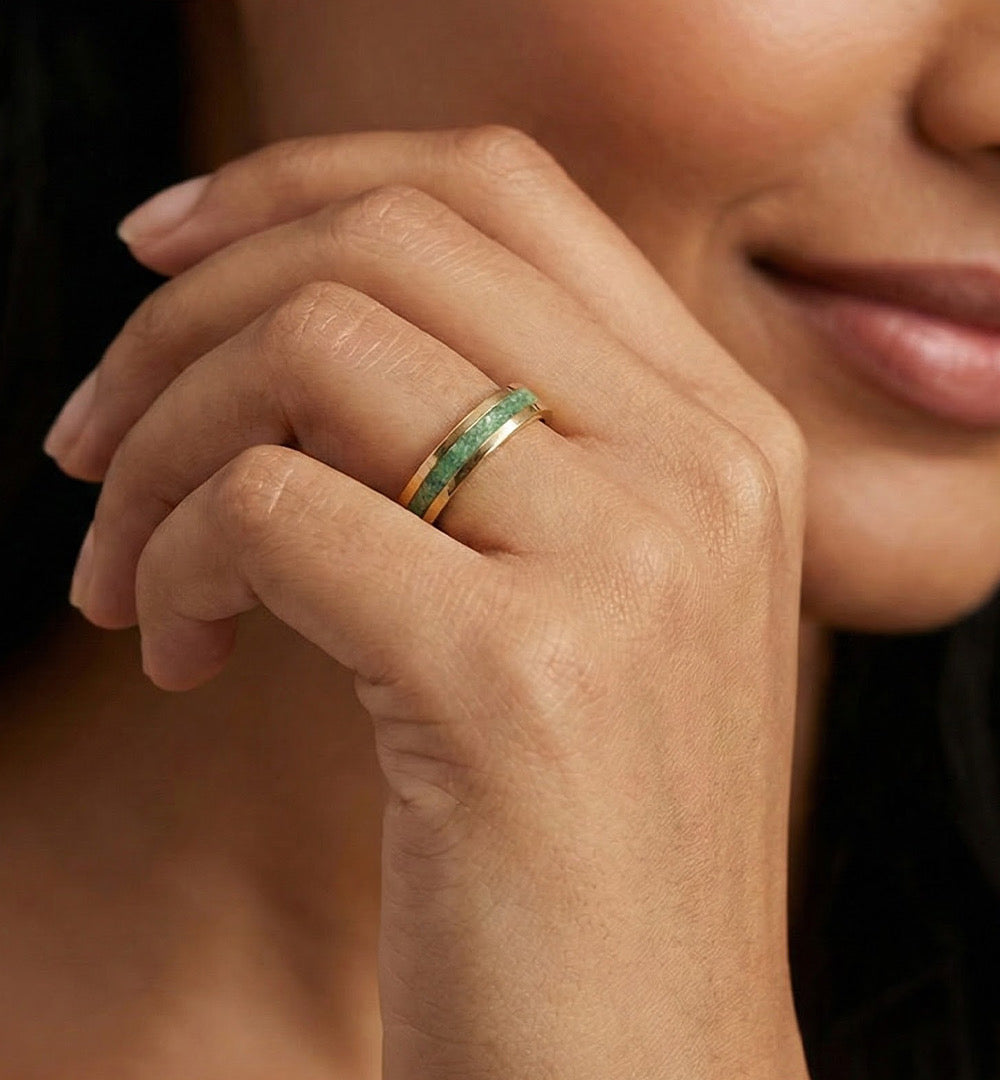 14K Gold Tungsten Duality Ring with Concrete + Diamond Dust Inlay - Green and Pink - 4MM