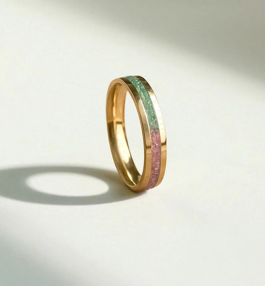 14K Gold Tungsten Duality Ring with Concrete + Diamond Dust Inlay - Green and Pink - 4MM