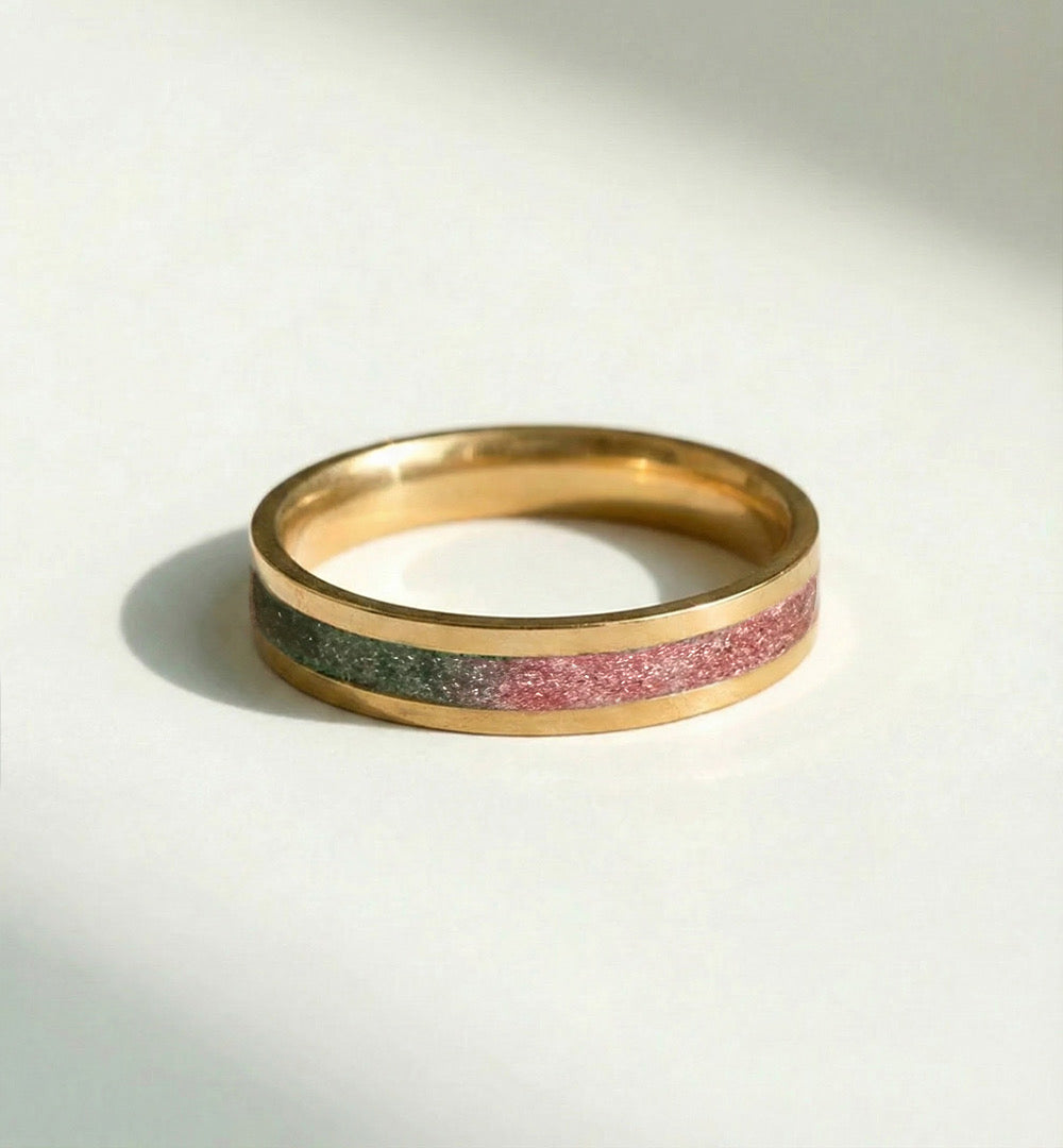 14K Gold Tungsten Duality Ring with Concrete + Diamond Dust Inlay - Green and Pink - 4MM