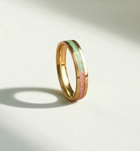 14K Gold Tungsten Duality Ring with Concrete + Diamond Dust Inlay - Green and Pink - 4MM