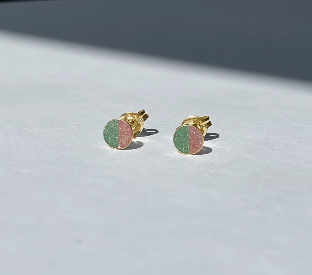 14K Gold Sterling Duality Stud Earrings with Concrete + Diamond Dust Inlay - Green and Pink - 4MM