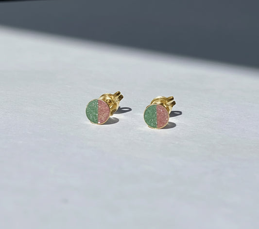 14K Gold Sterling Duality Stud Earrings with Concrete + Diamond Dust Inlay - Green and Pink - 4MM