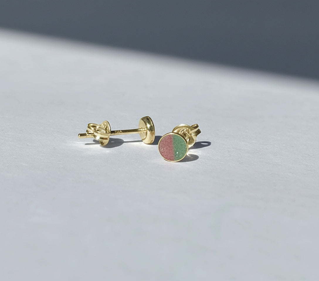 14K Gold Sterling Duality Stud Earrings with Concrete + Diamond Dust Inlay - Green and Pink - 4MM